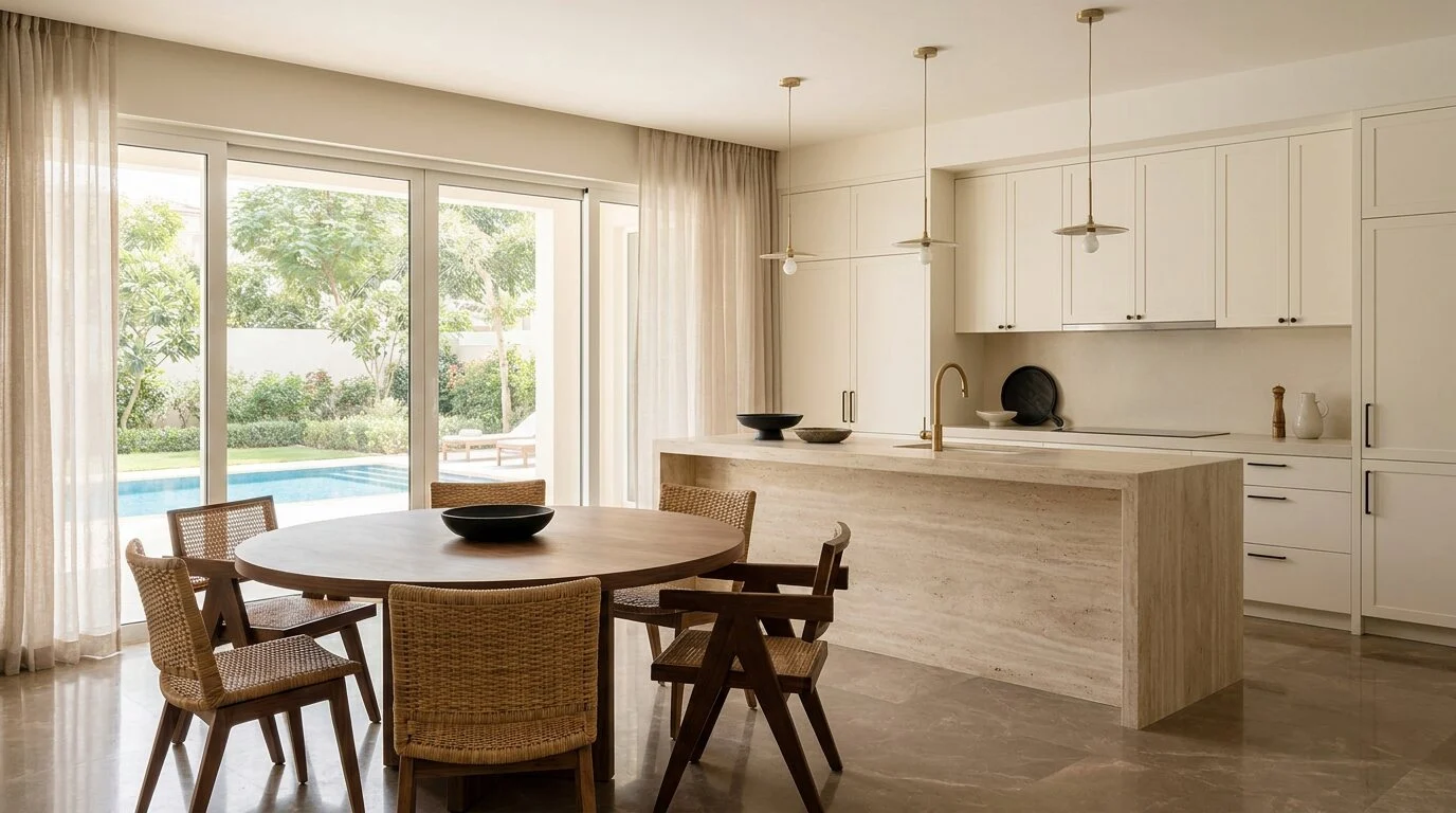 Renovated villa kitchen with travertine island, walnut dining table and garden view