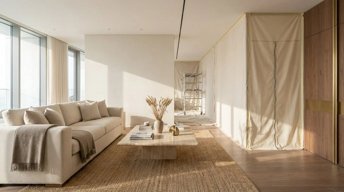 Apartment living room in use with a dust-sheet partition sealing off the renovation zone