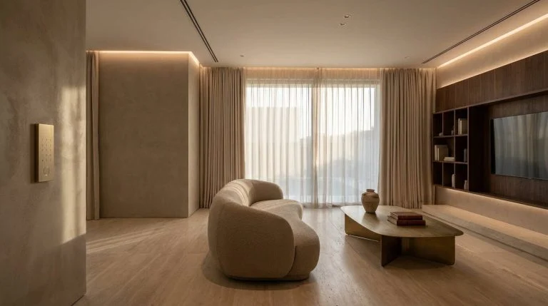 Villa living room with lighting keypad, cove lighting, sheer curtains and walnut media wall
