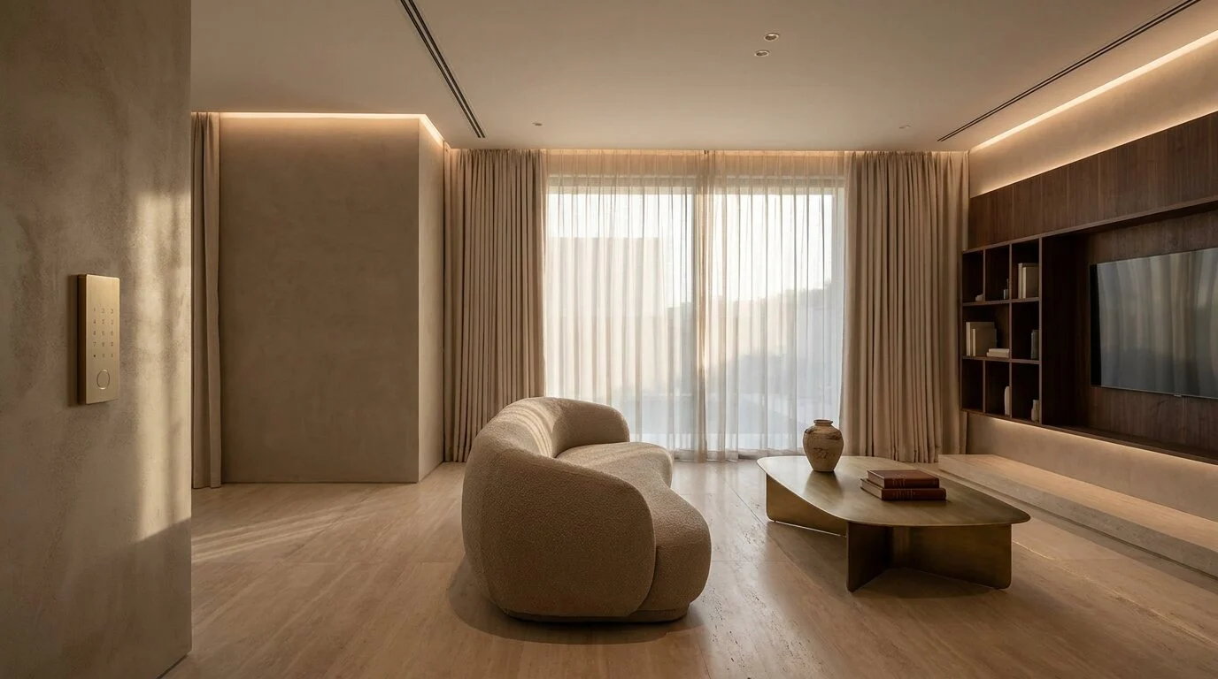 Villa living room with lighting keypad, cove lighting, sheer curtains and walnut media wall