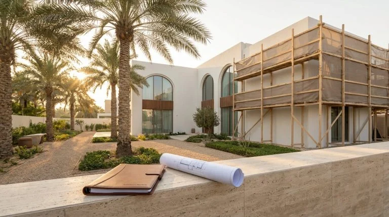 White Dubai villa under renovation with scaffolding, date palms and architect's drawings