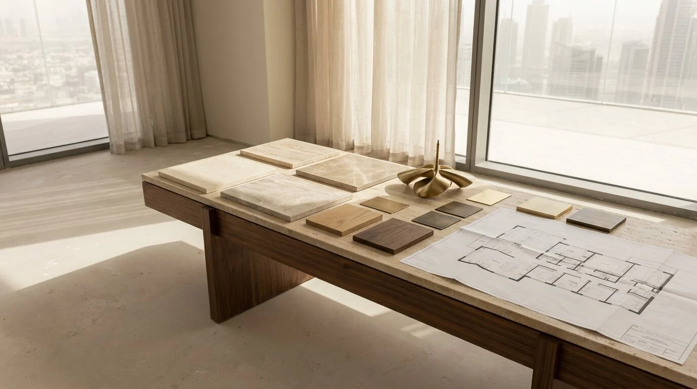 Designer's material samples and floor plan on a table in a Dubai apartment under fit-out