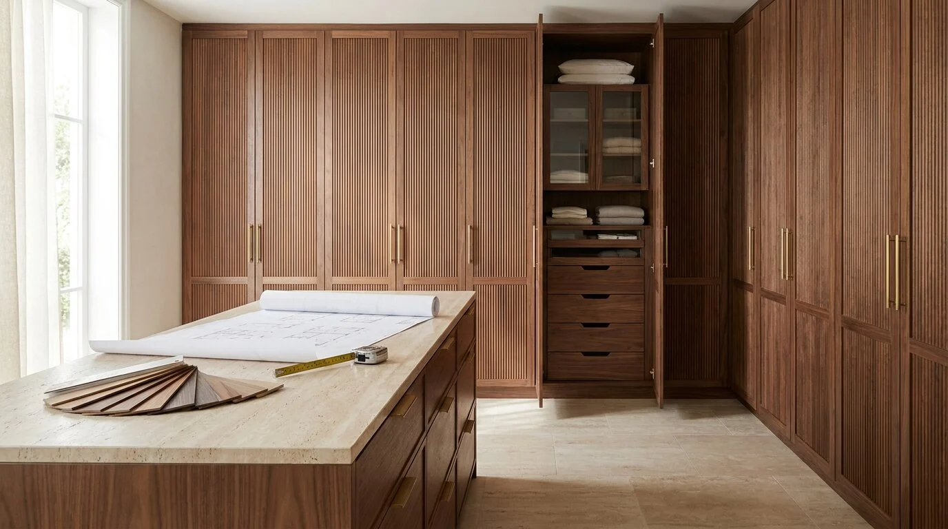 Walnut walk-in dressing room joinery with shop drawings and veneer samples on the island