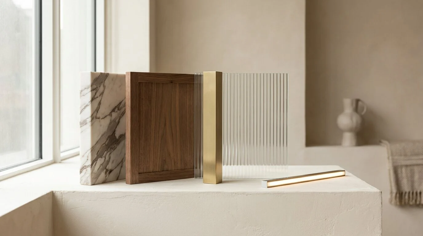 Marble, walnut, brass, reeded glass and lighting samples side by side