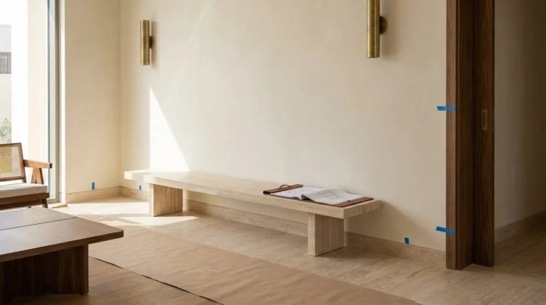 Finished villa living room at handover with snag tape marks and drawings on a travertine bench